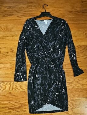 Peyton Jensen Black Abstract Faux-Wrap Long Sleeve Dress